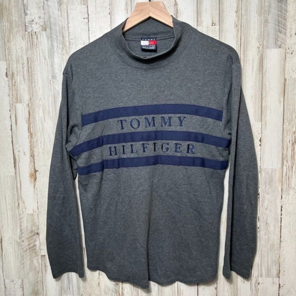 Vintage Tommy Hilfiger Gray Mock Neck Long Sleeve Shirt Spell Out‎ Womens Medium
